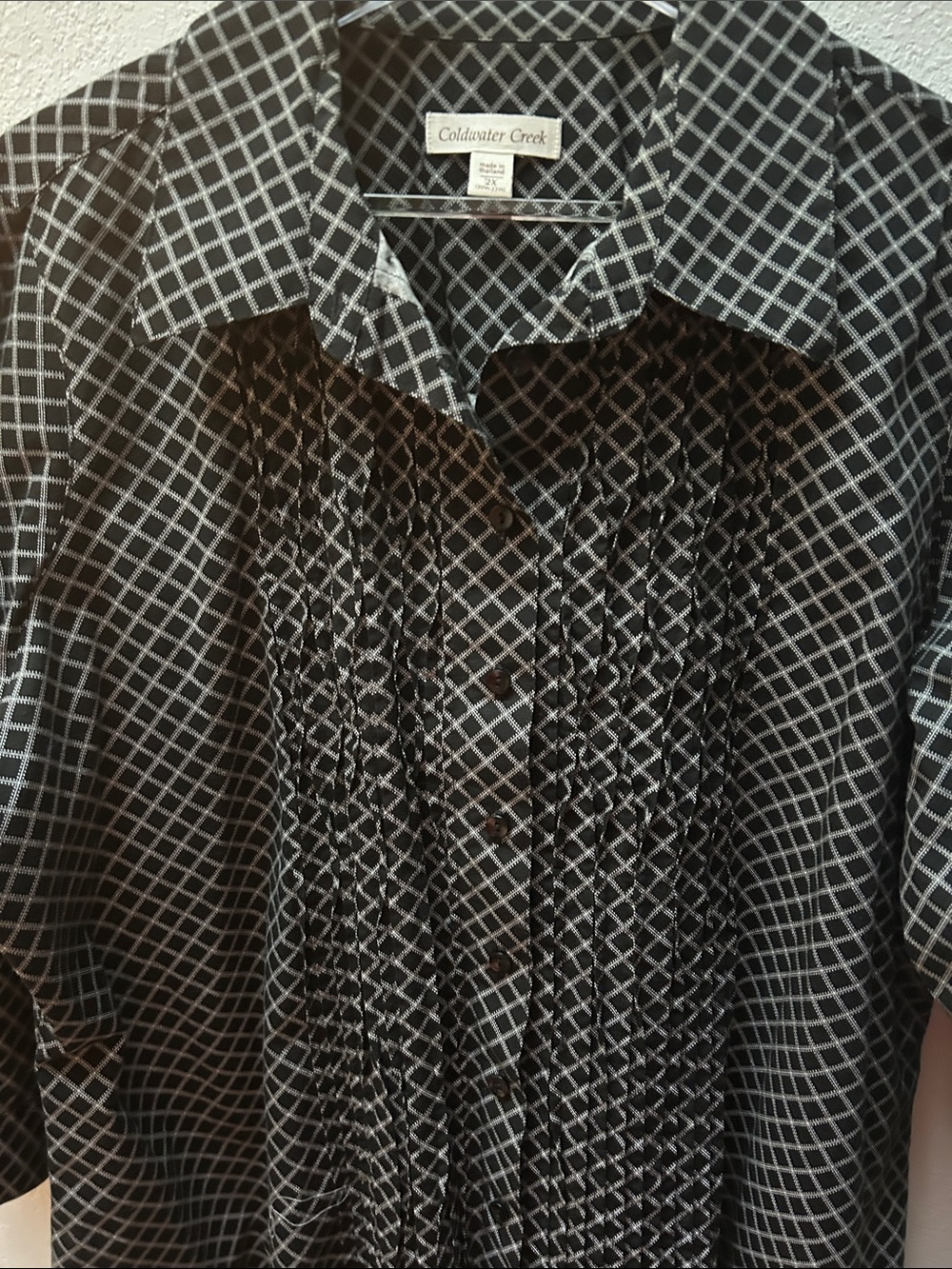 EUC Coldwater Creek Black White Pattern 3/4 Sleeve Button-Down Tuxedo Pleats 2X